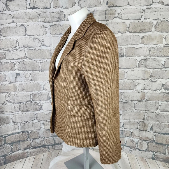 Vintage 70s Tweed Equestrian Preppy Academia Blazer Brown Cream Size 14 - Picture 13 of 16